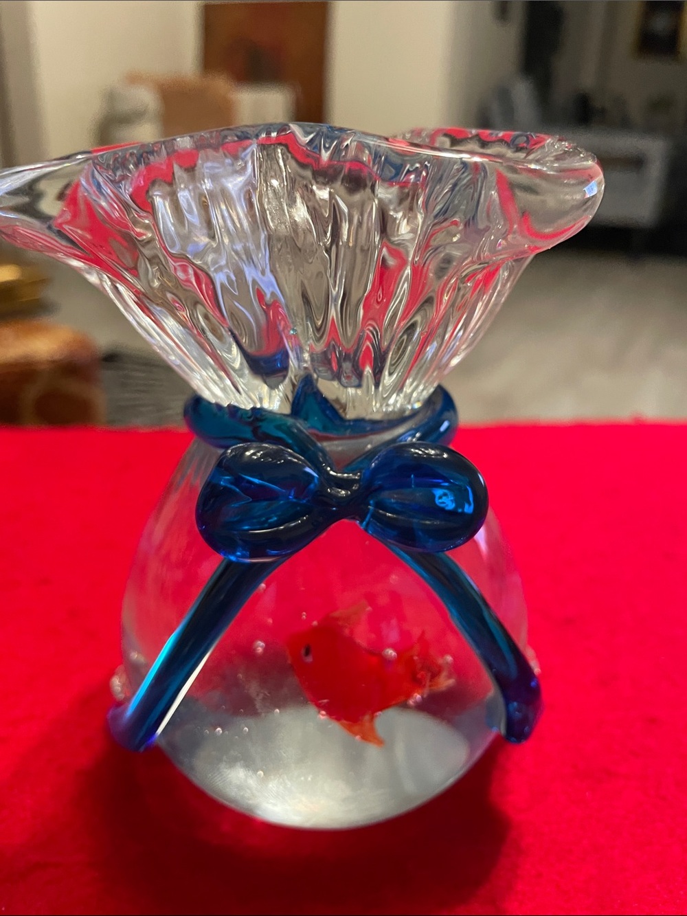 Rare Find Clear Glass Vase with Blue Bow Accent and Red Fish Motif